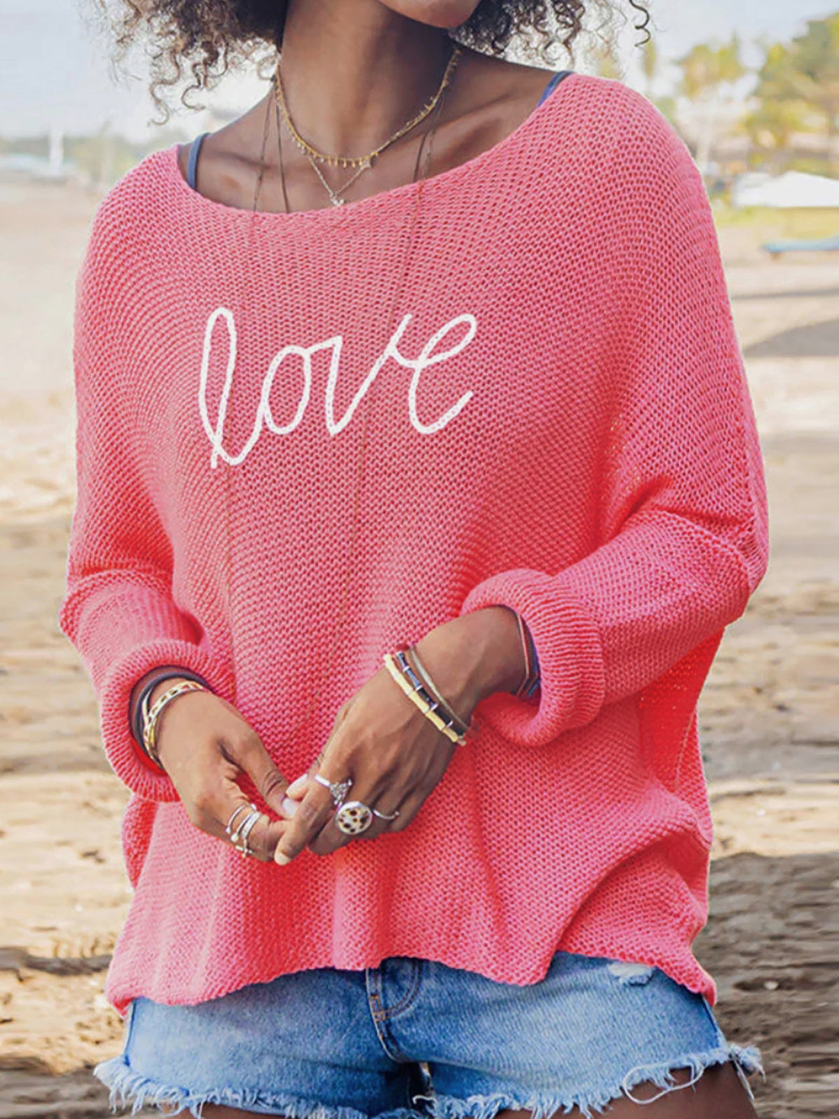 Love Graphic Boat Neck Knit Top - Peach - 1