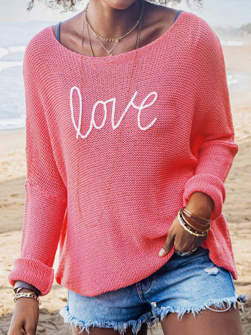 Love Graphic Boat Neck Knit Top - Peach - 5