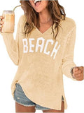 Crochet-Style Hollow Knit V-Neck Letter Print Beach Top - Khaki - 2