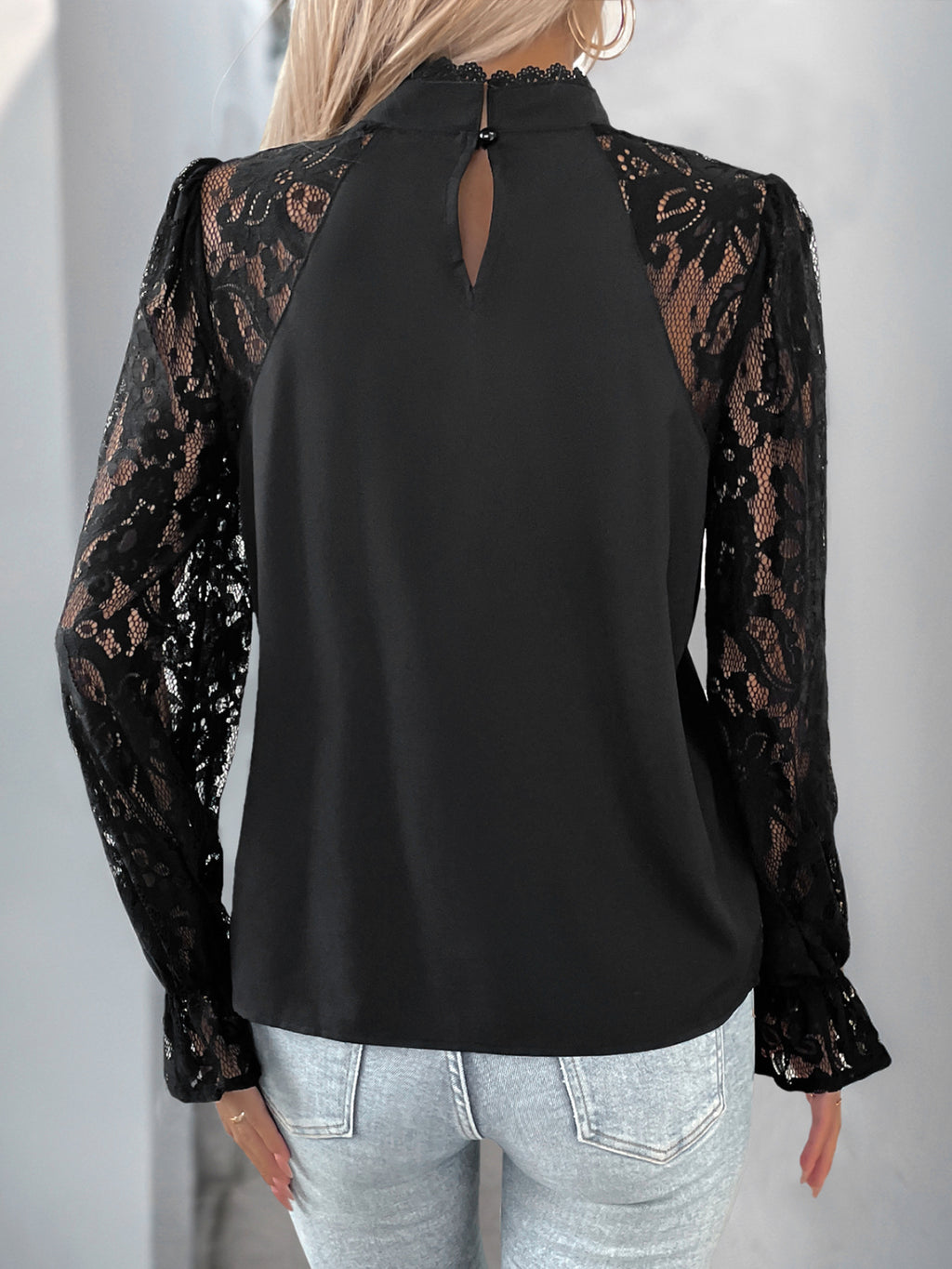 Scalloped Neck Lace Sleeve Blouse - Black - 2