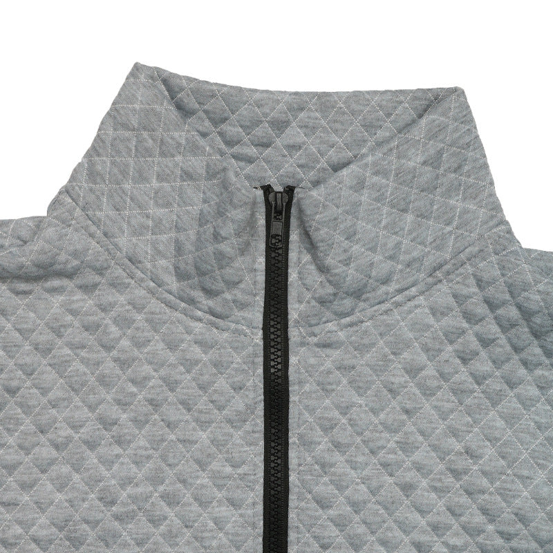 Quilted Texture Half Zip Pocket Sweatshirt - Grey - 1