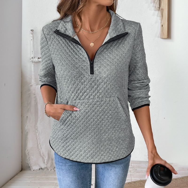 Quilted Texture Half Zip Pocket Sweatshirt - Grey - 4
