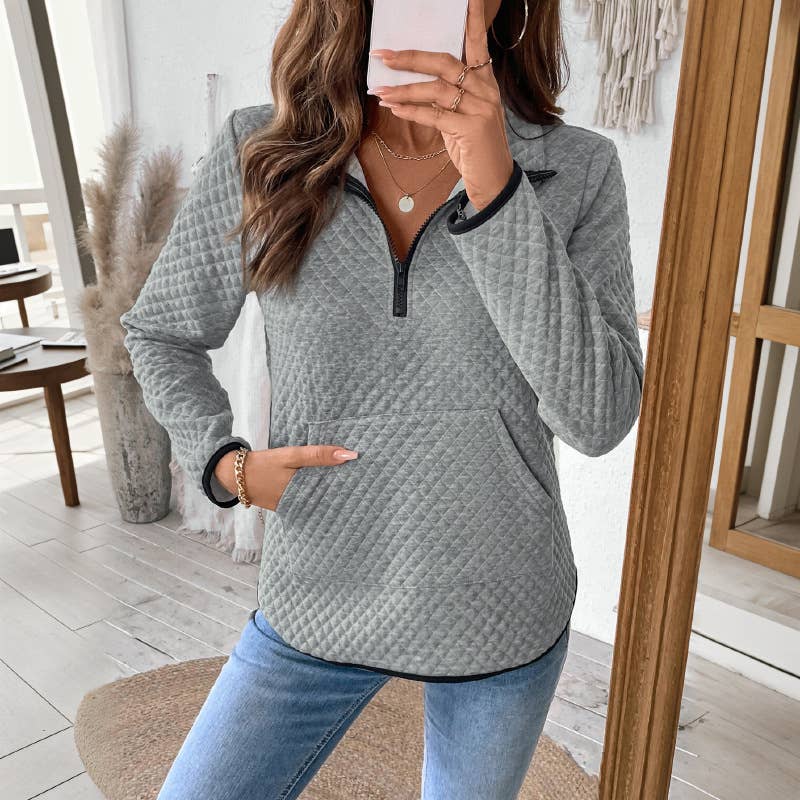 Quilted Texture Half Zip Pocket Sweatshirt