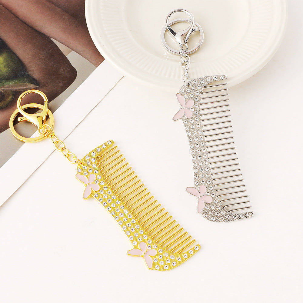 Rhinestone Flower Mini Comb Keychain - Gold - 1