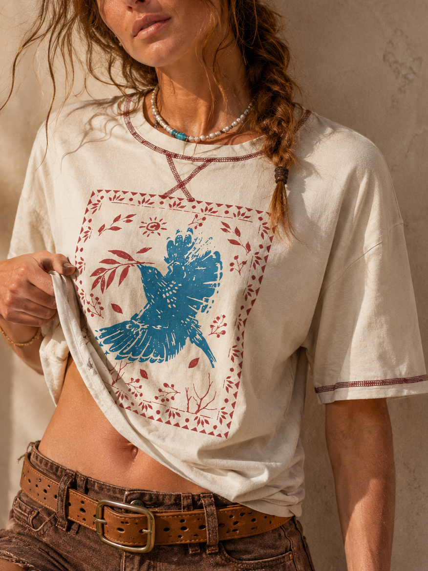 Bird Bandana Graphic Oversized Tee - Apricot