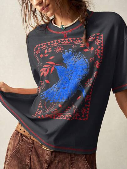 Bird Bandana Graphic Oversized Tee - Black