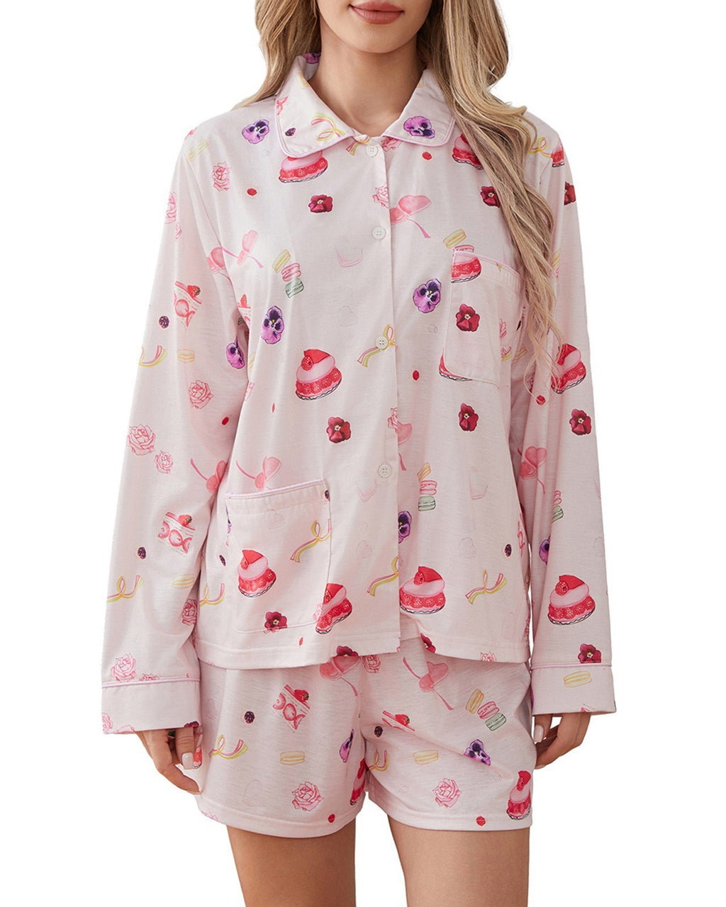 Novelty Print Button Up Lounge Set - PinkCake