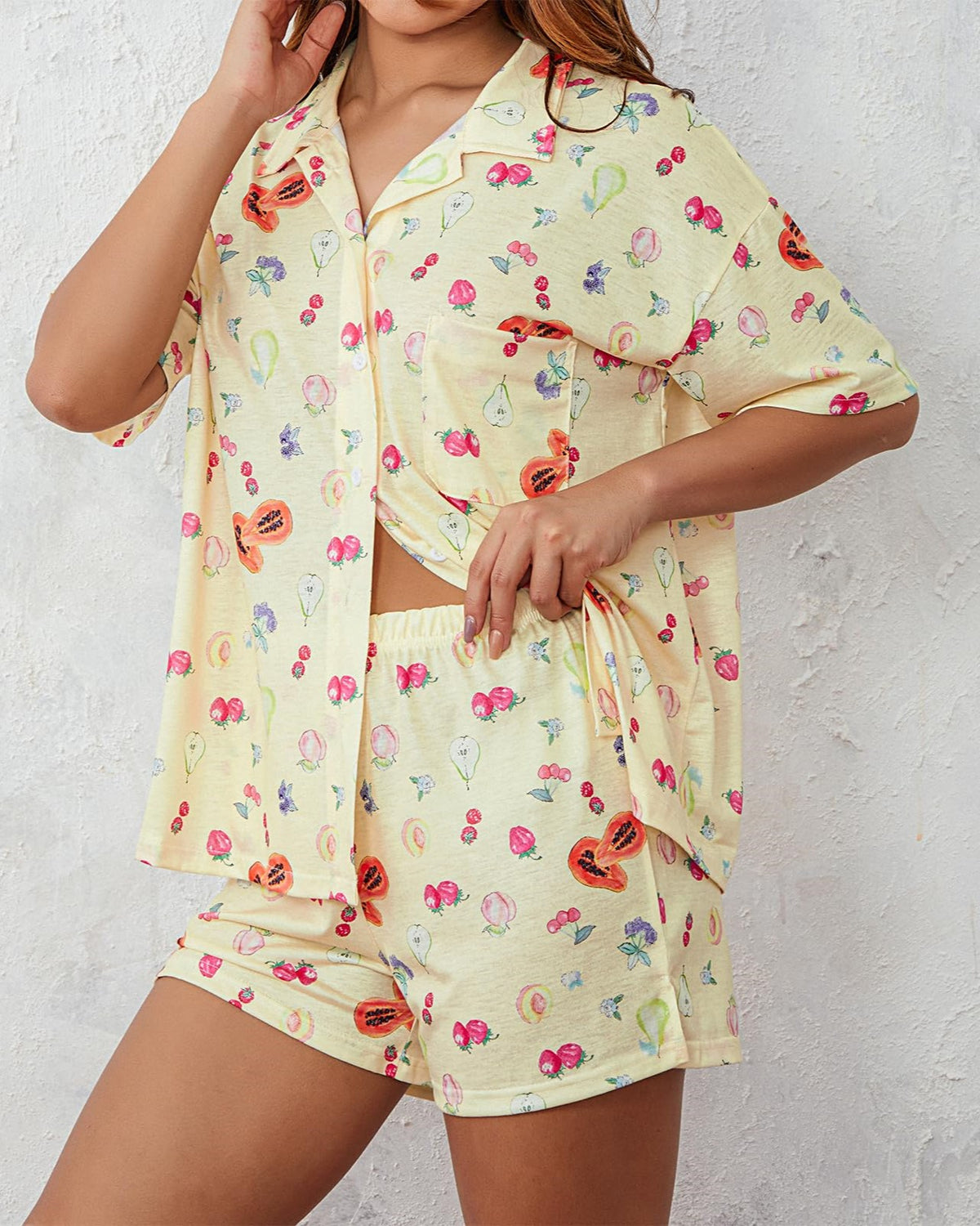 Novelty Print Button Up Lounge Set - Yellow - 2