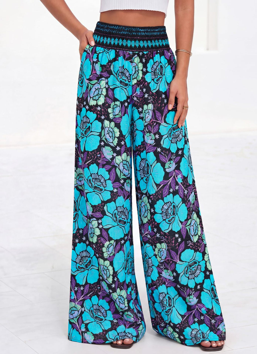 Smocked Waist Floral Palazzo Beach Pants - Black_B - 1