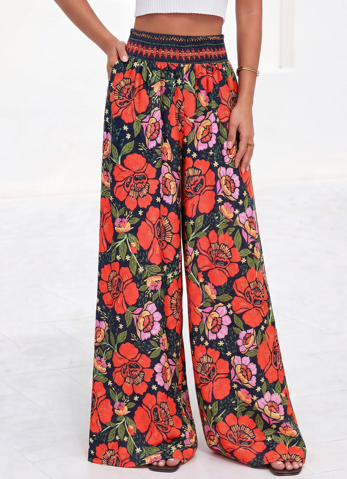 Smocked Waist Floral Palazzo Beach Pants - Black_R