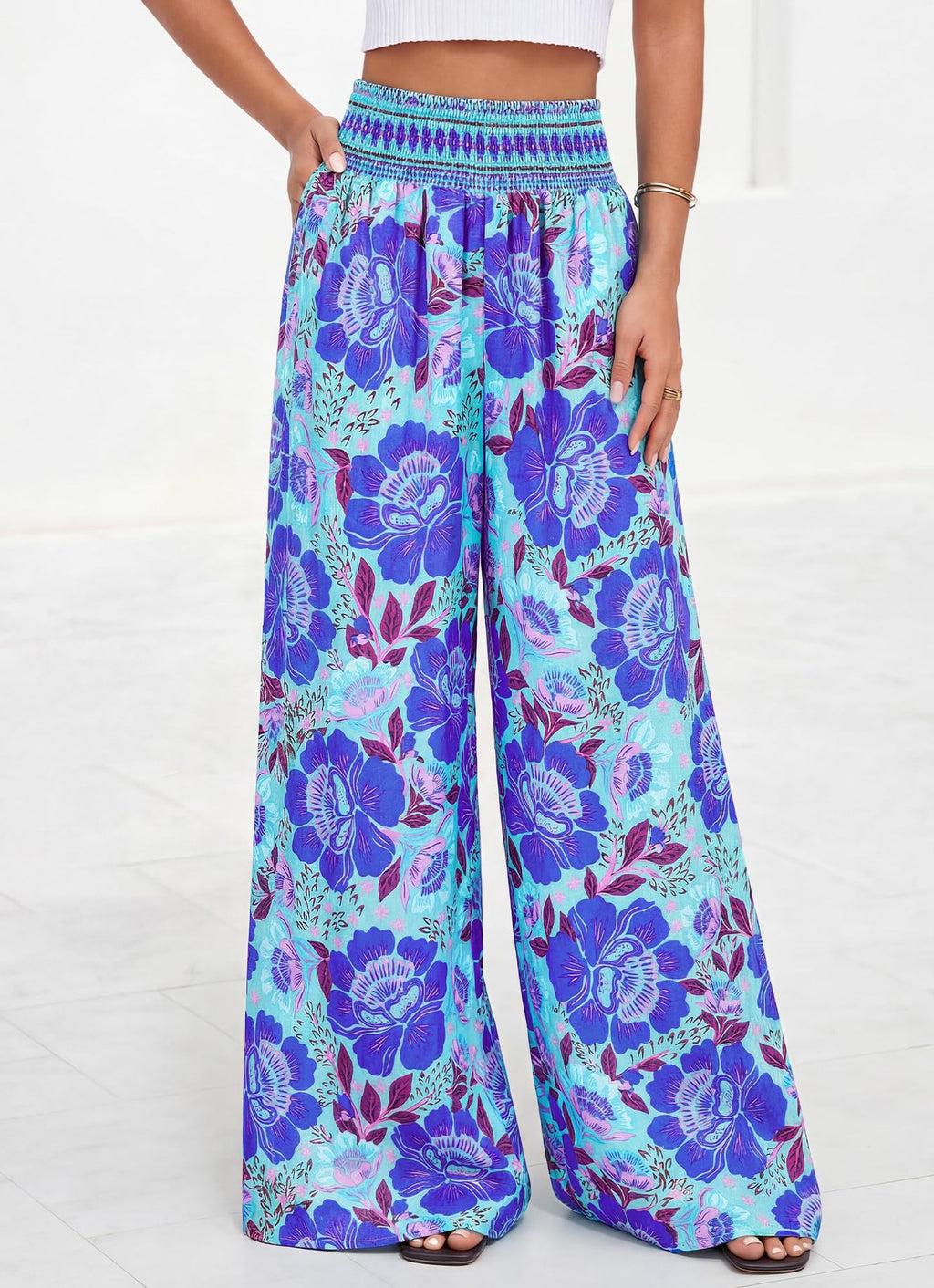 Smocked Waist Floral Palazzo Beach Pants - Blue_B