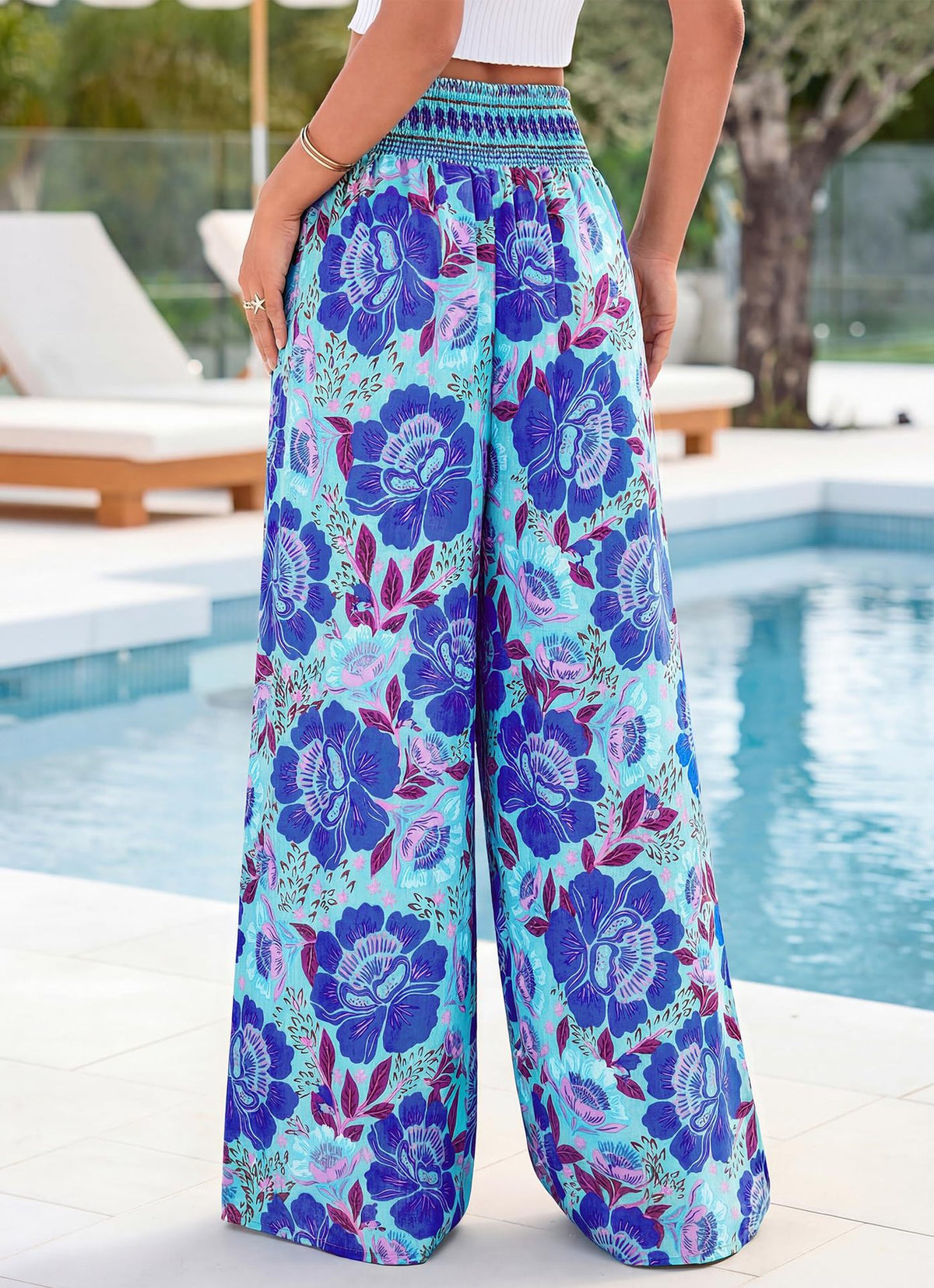 Smocked Waist Floral Palazzo Beach Pants - Blue_B - 1
