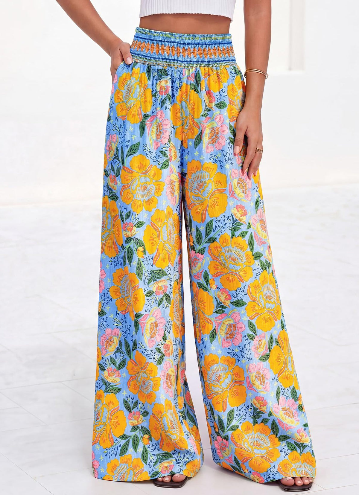Smocked Waist Floral Palazzo Beach Pants - Blue_Y