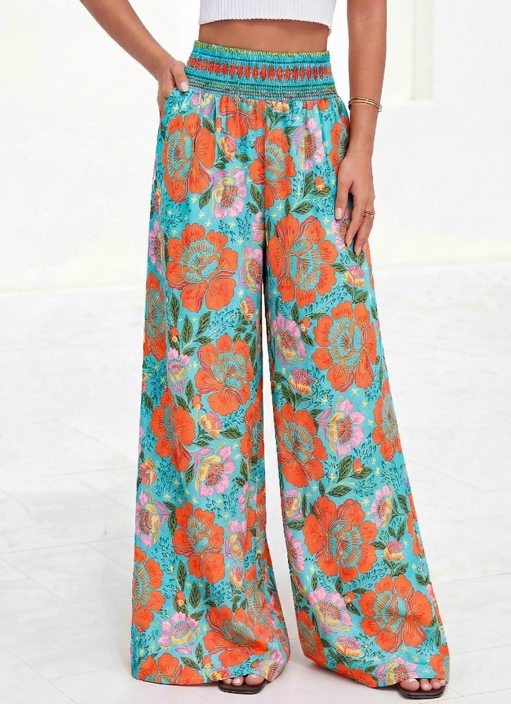 Smocked Waist Floral Palazzo Beach Pants - Green_O