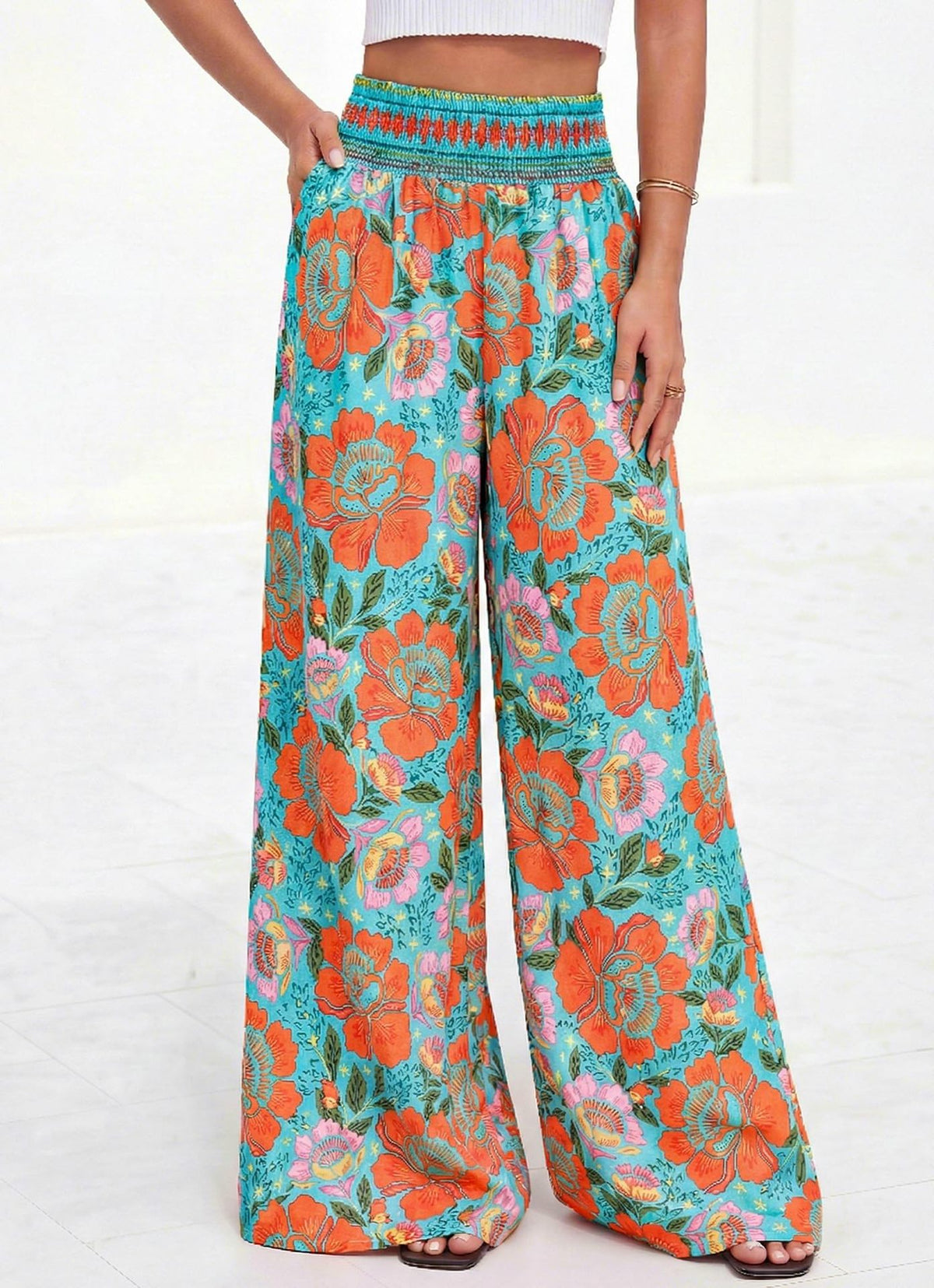 Smocked Waist Floral Palazzo Beach Pants - Green_O