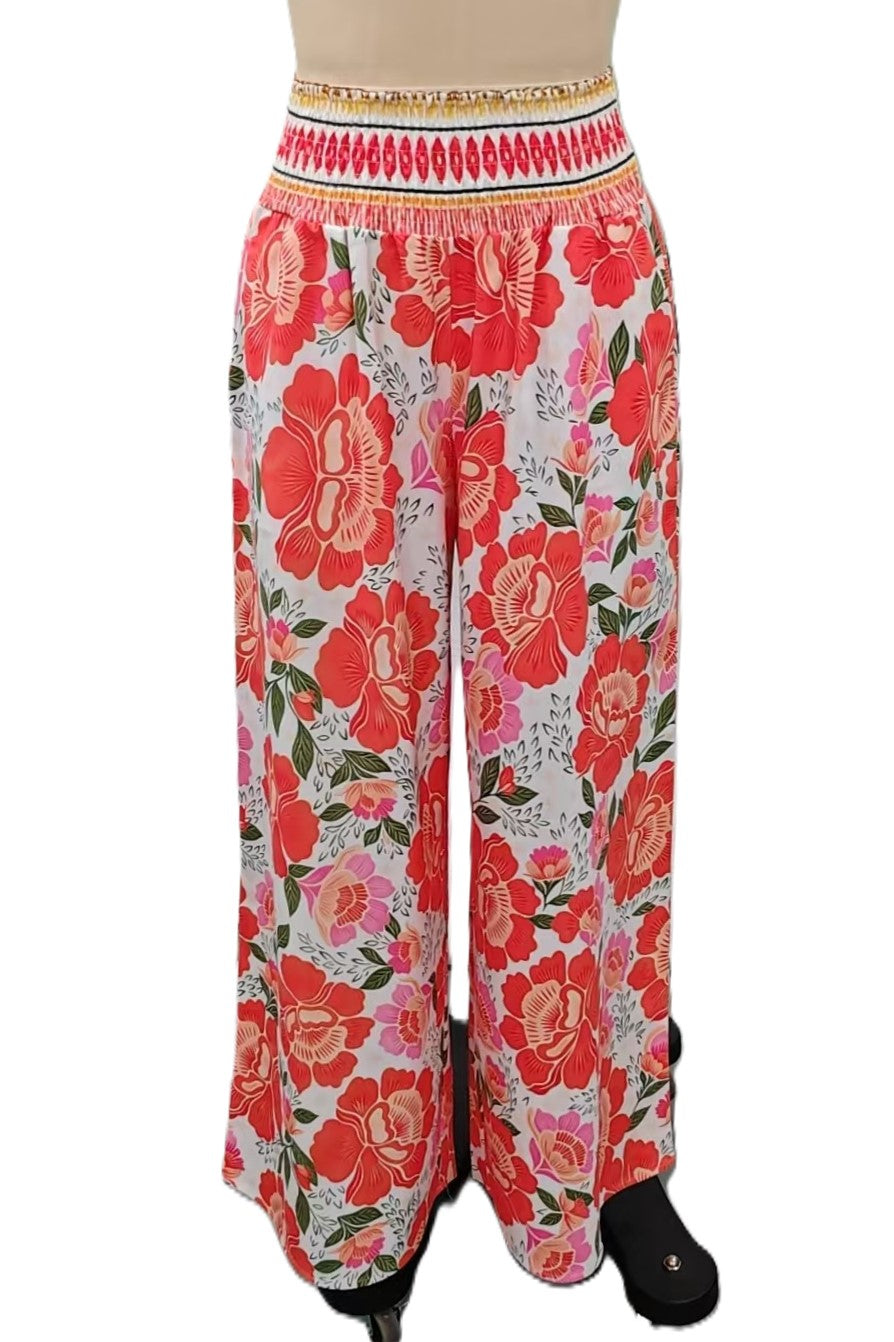 Smocked Waist Floral Palazzo Beach Pants - Orange