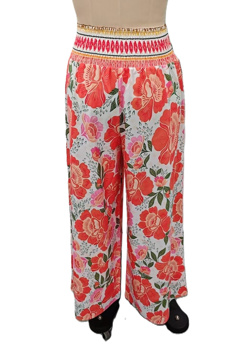 Smocked Waist Floral Palazzo Beach Pants - Orange - 1