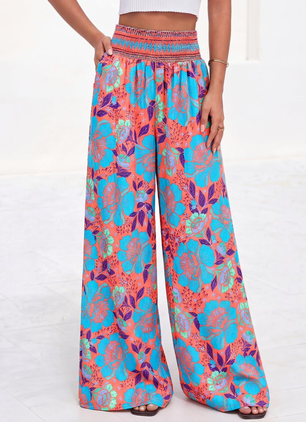 Smocked Waist Floral Palazzo Beach Pants - Red_B