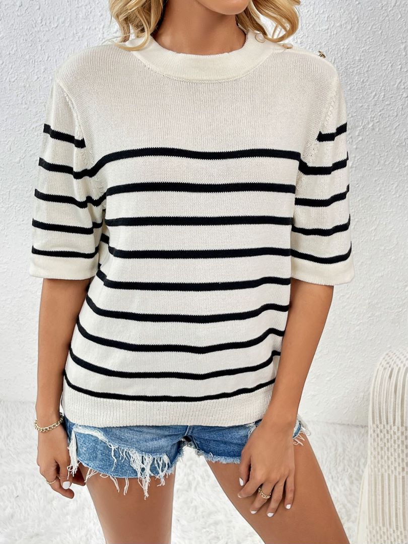 Striped Knit Top With Shoulder Buttons - Apricot