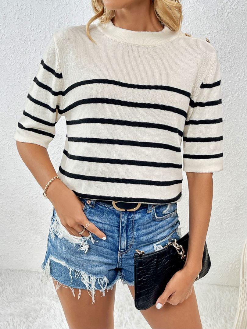 Striped Knit Top With Shoulder Buttons - Apricot - 2