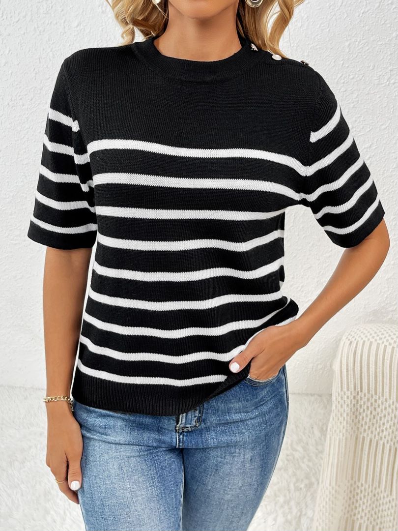 Striped Knit Top With Shoulder Buttons - Black - 1