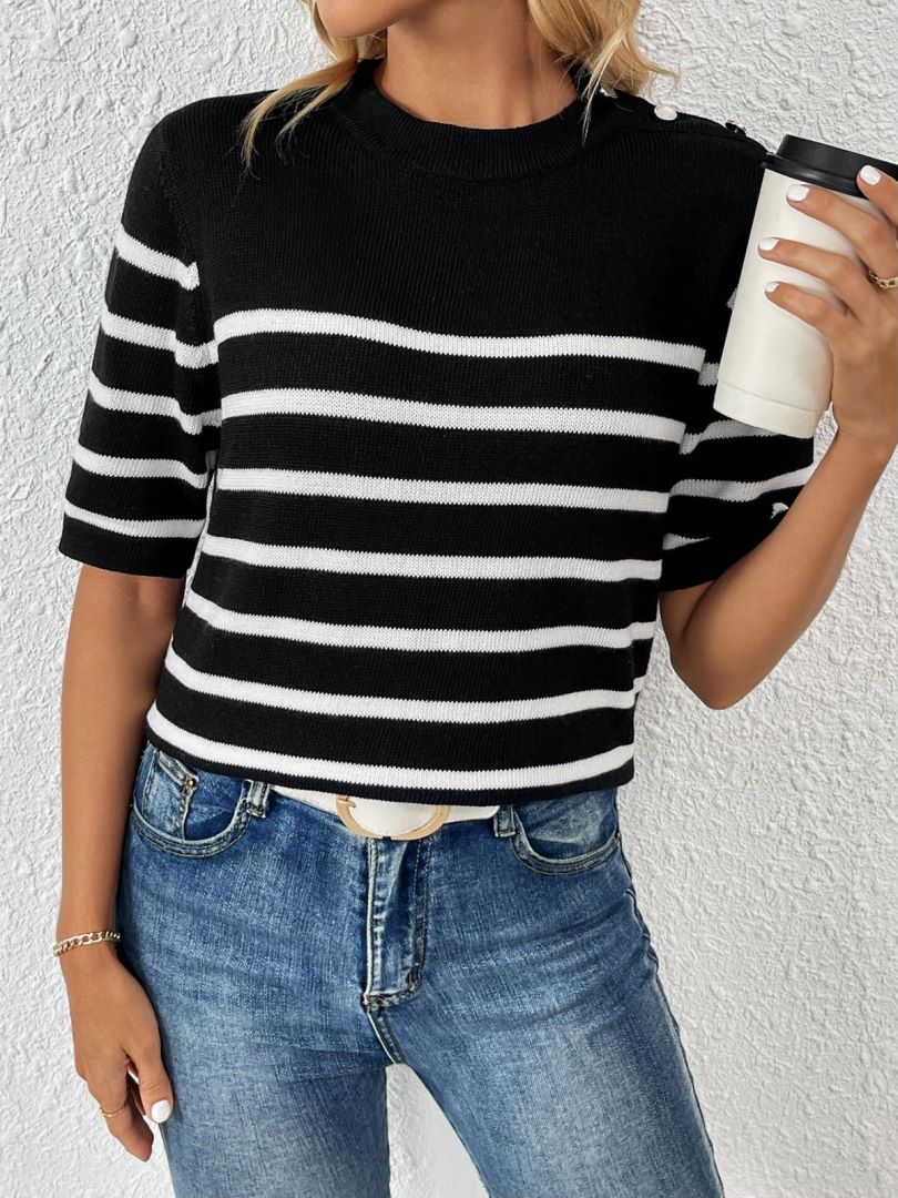 Striped Knit Top With Shoulder Buttons - Black - 2