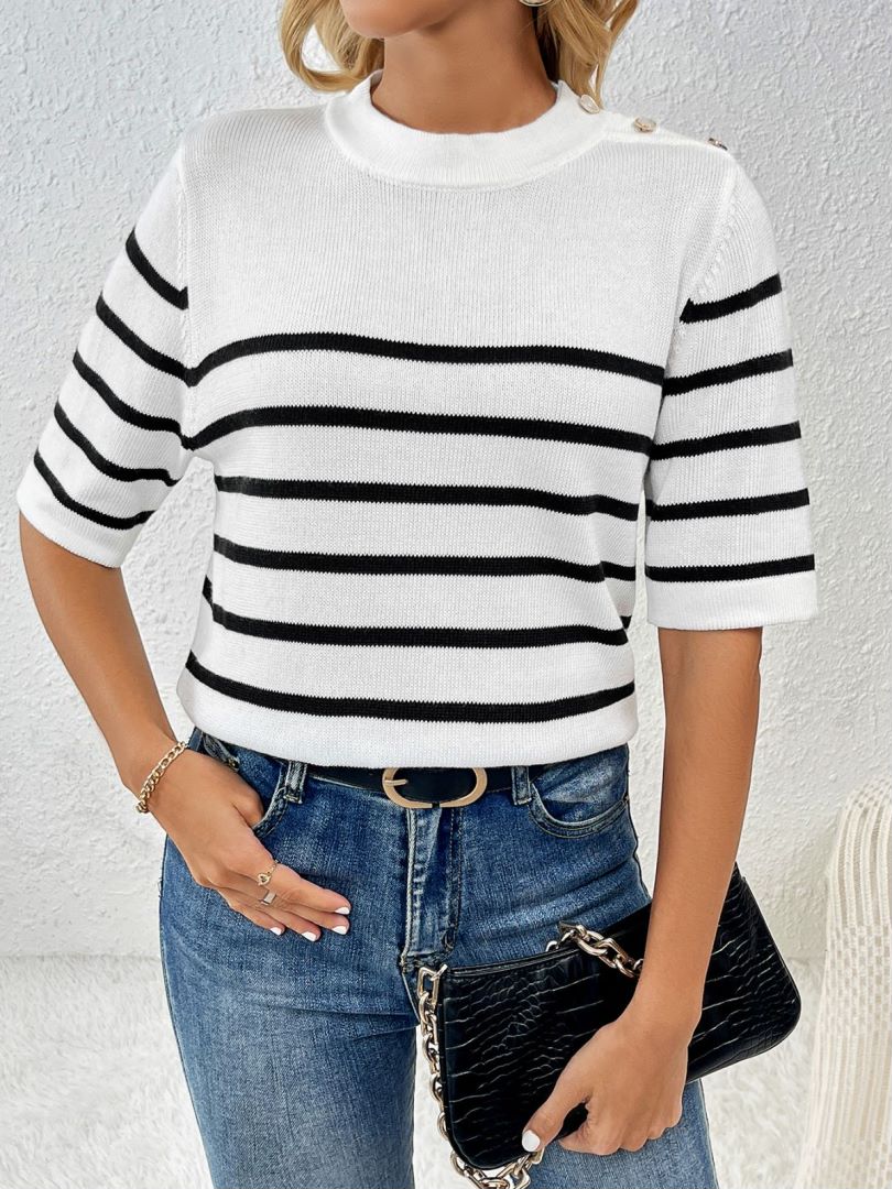 Striped Knit Top With Shoulder Buttons - White
