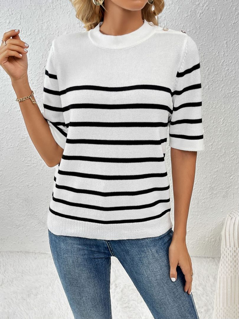 Striped Knit Top With Shoulder Buttons - White - 2
