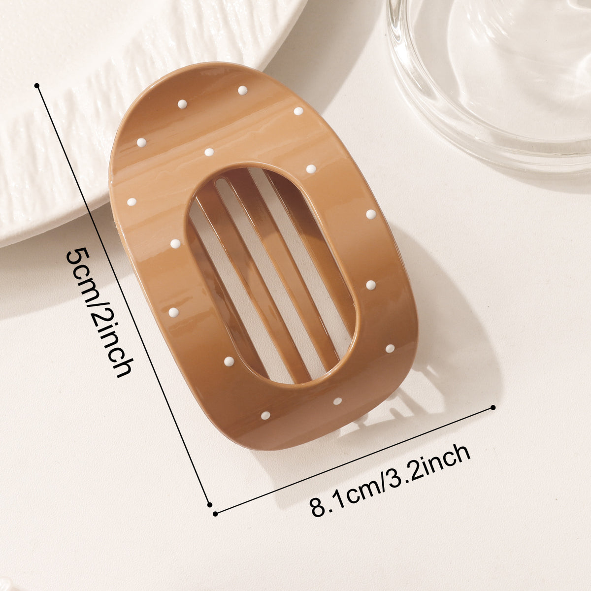 Oval Cutout Hair Claw Clip with Dotted Accents - Brown - 1