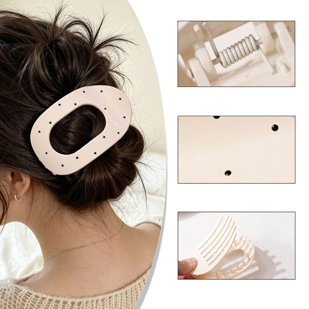 Oval Cutout Hair Claw Clip with Dotted Accents - White - 1