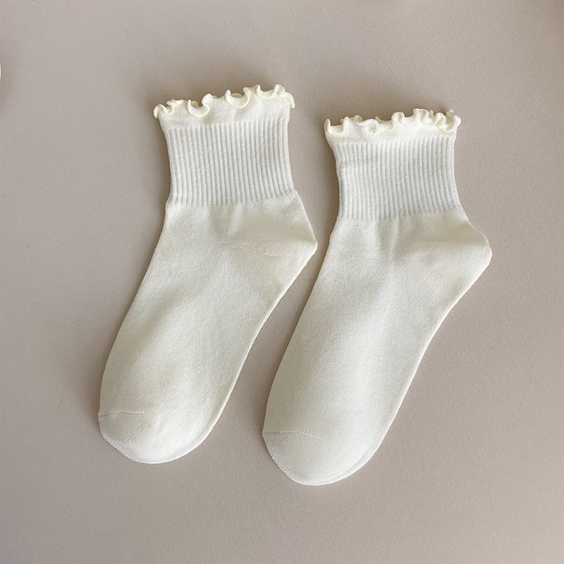 Lettuce Ruffle Trim Ribbed Ankle Socks - BeigeS