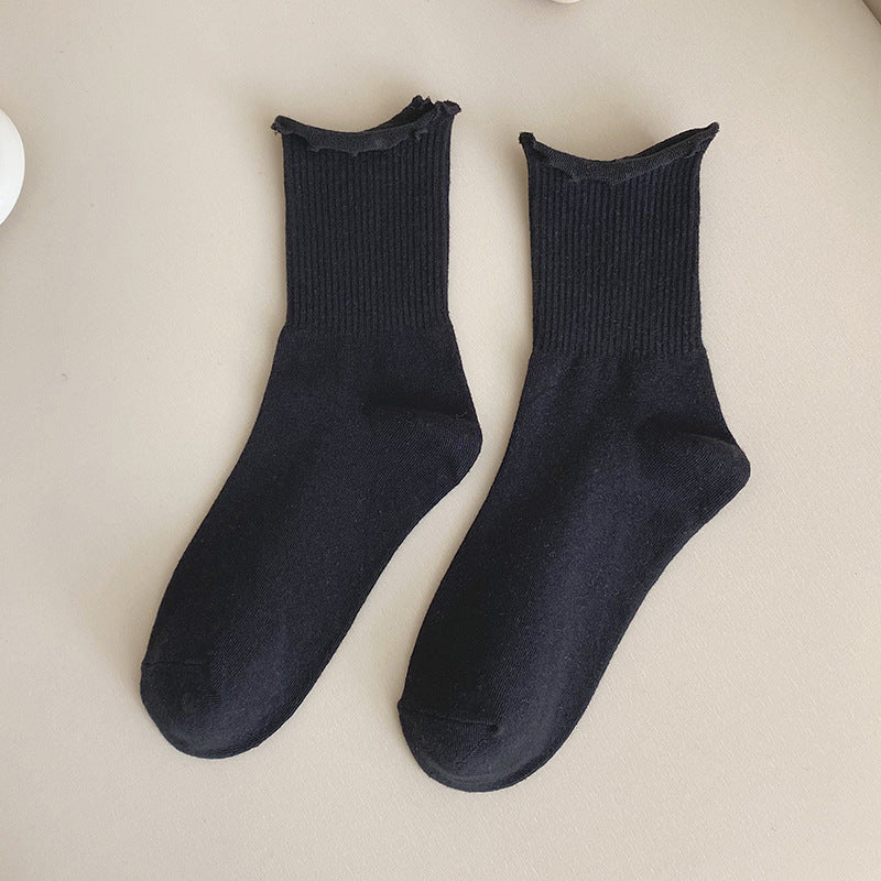 Lettuce Ruffle Trim Ribbed Ankle Socks - BlackM