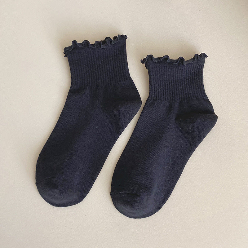 Lettuce Ruffle Trim Ribbed Ankle Socks - BlackS