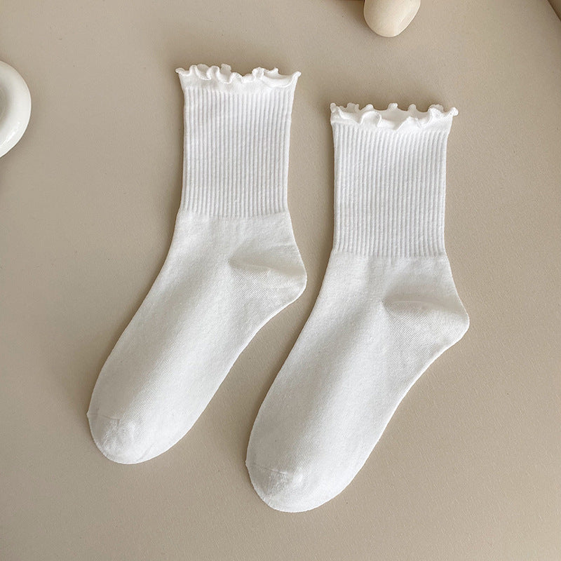 Lettuce Ruffle Trim Ribbed Ankle Socks - WhiteM - 1