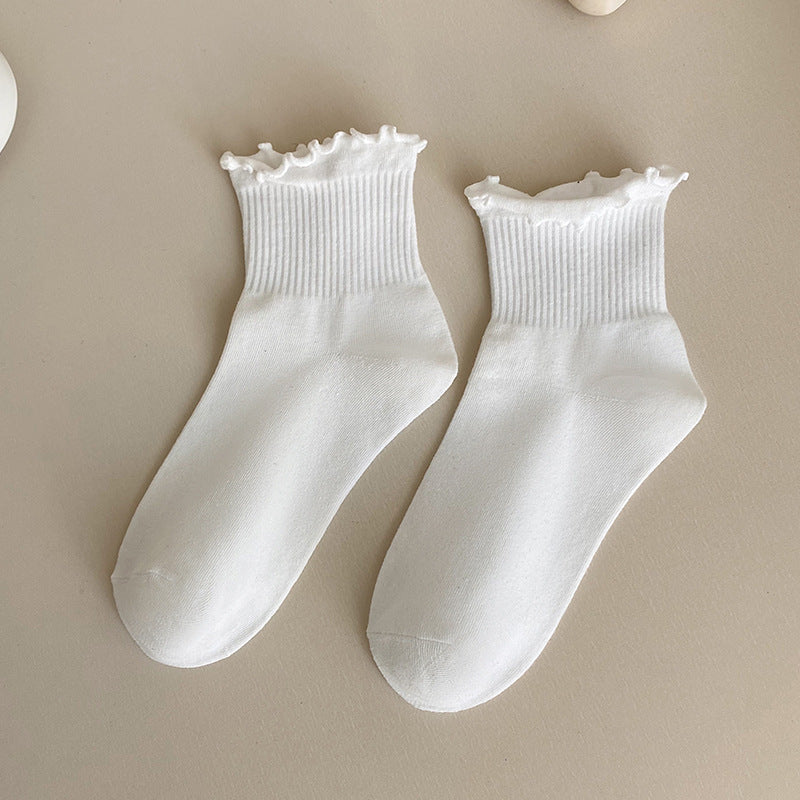 Lettuce Ruffle Trim Ribbed Ankle Socks - WhiteS