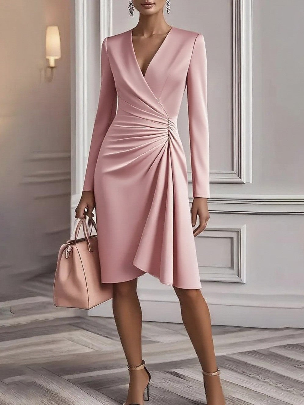 Surplice Wrap Midi Dress With Ruched Waist - Pink