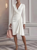 Surplice Wrap Midi Dress With Ruched Waist - White