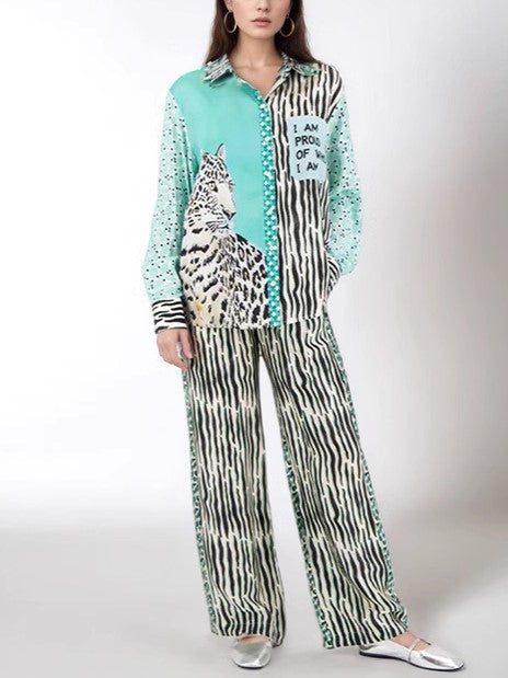 Slogan Print Satin Shirt And Trouser Set - Blue