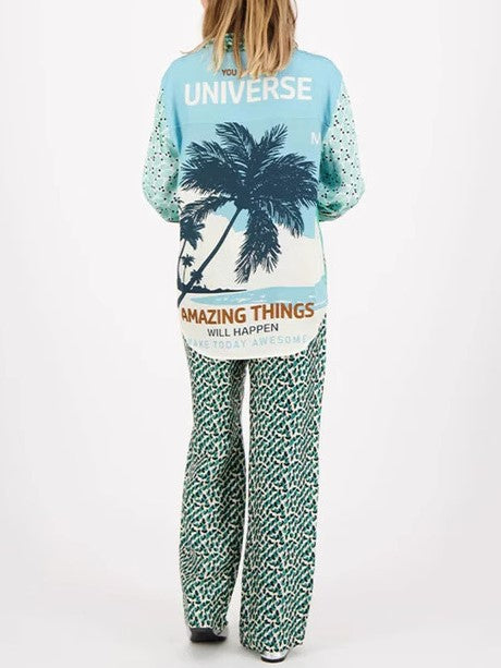 Slogan Print Satin Shirt And Trouser Set - Blue - 10