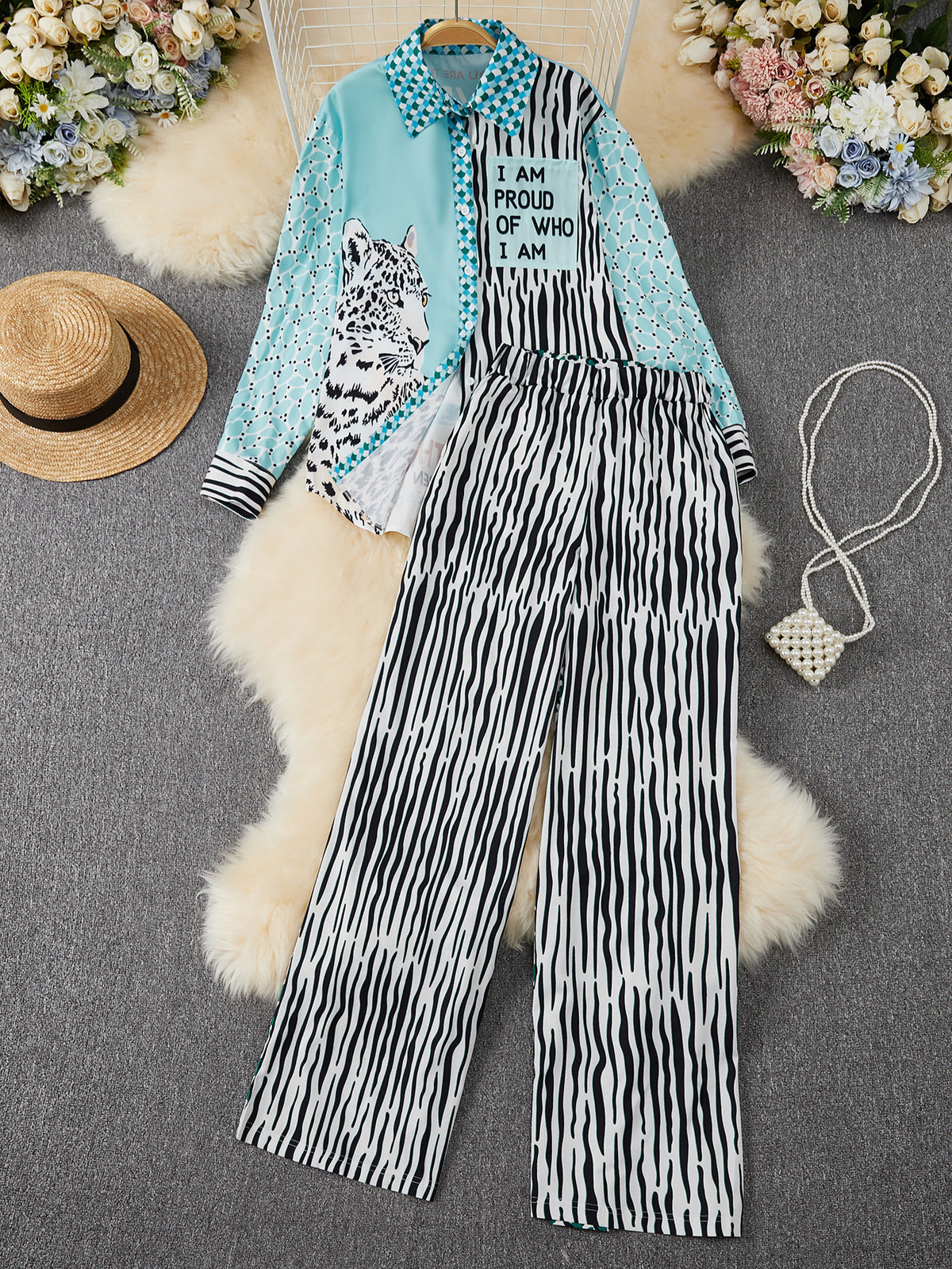 Slogan Print Satin Shirt And Trouser Set - Blue - 1