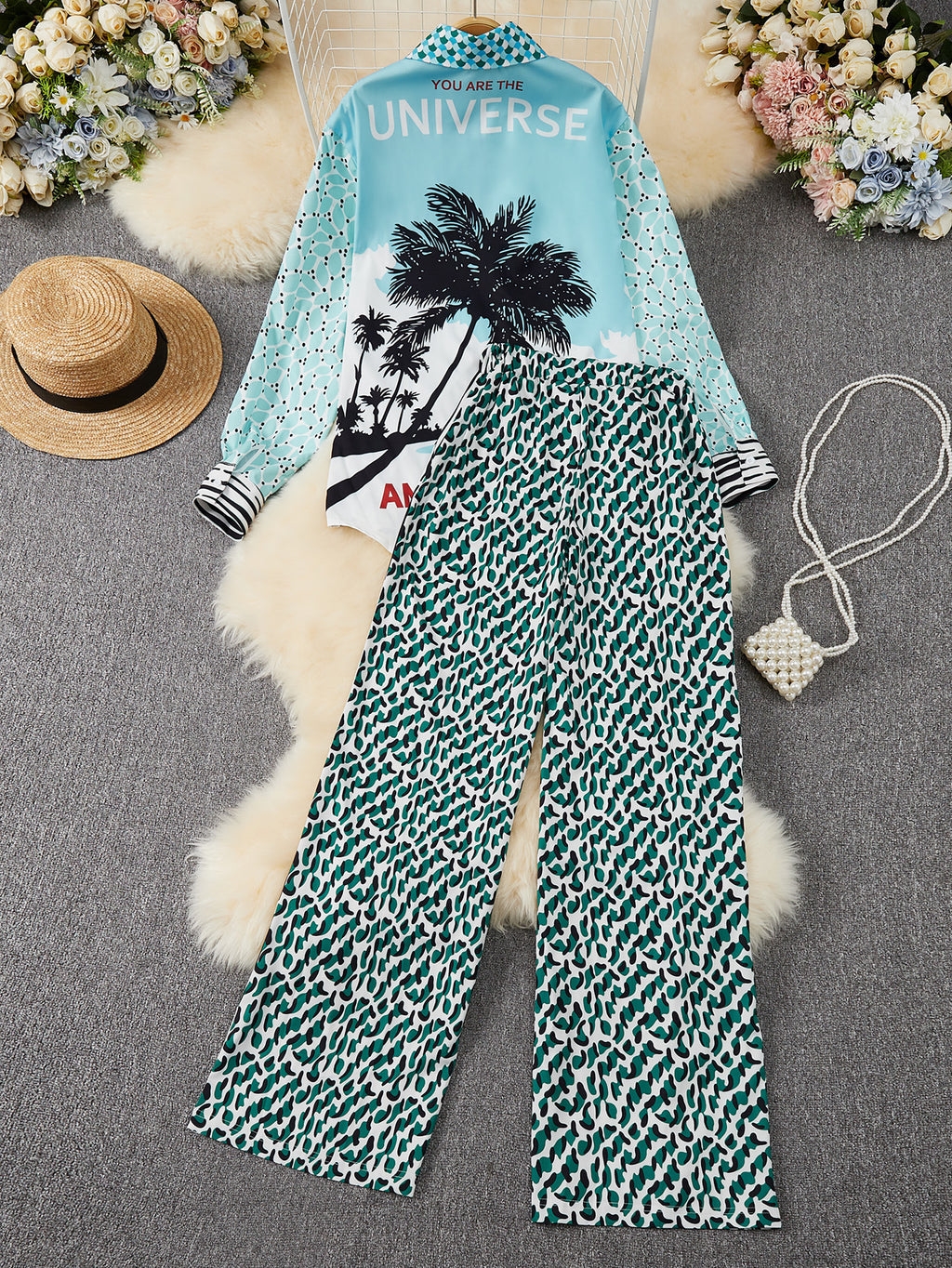 Slogan Print Satin Shirt And Trouser Set - Blue - 2