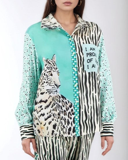 Slogan Print Satin Shirt And Trouser Set - Blue - 3