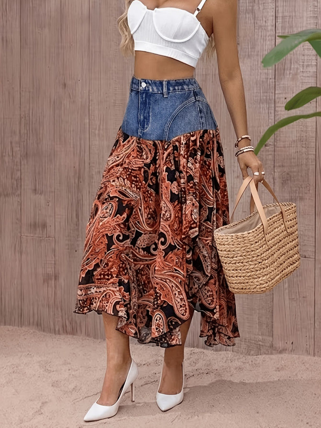 Paisley Handkerchief Hem Denim Maxi Skirt - Blue