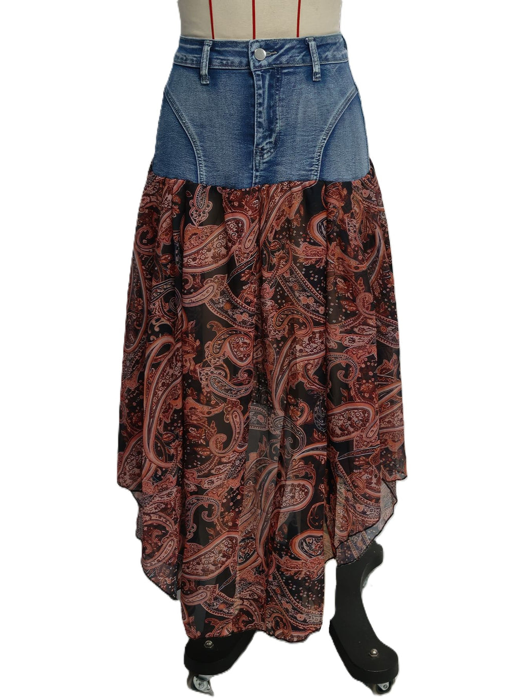 Paisley Handkerchief Hem Denim Maxi Skirt - Blue - 1