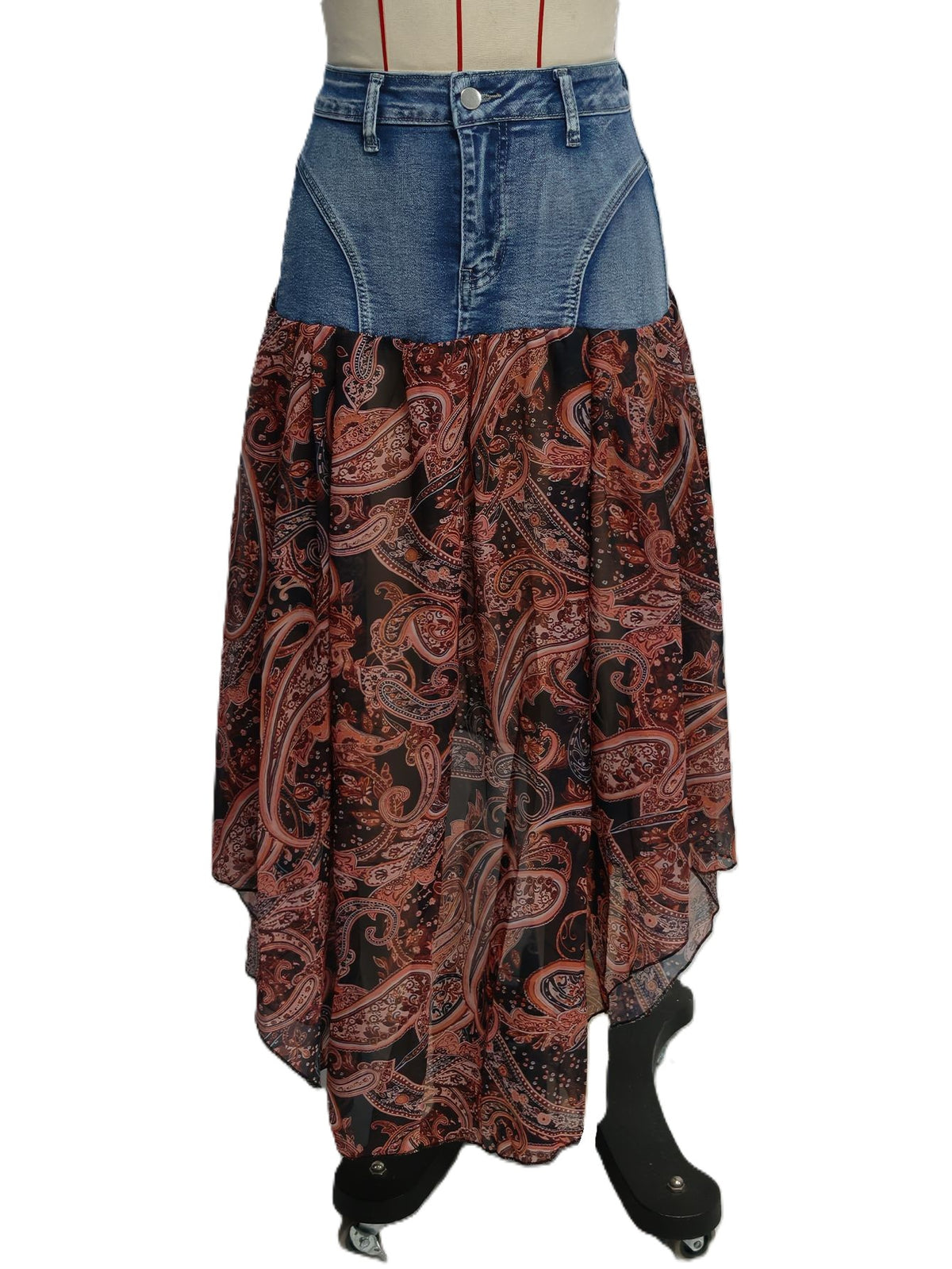 Paisley Handkerchief Hem Denim Maxi Skirt - Blue - 1