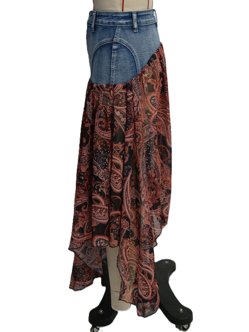 Paisley Handkerchief Hem Denim Maxi Skirt - Blue - 2