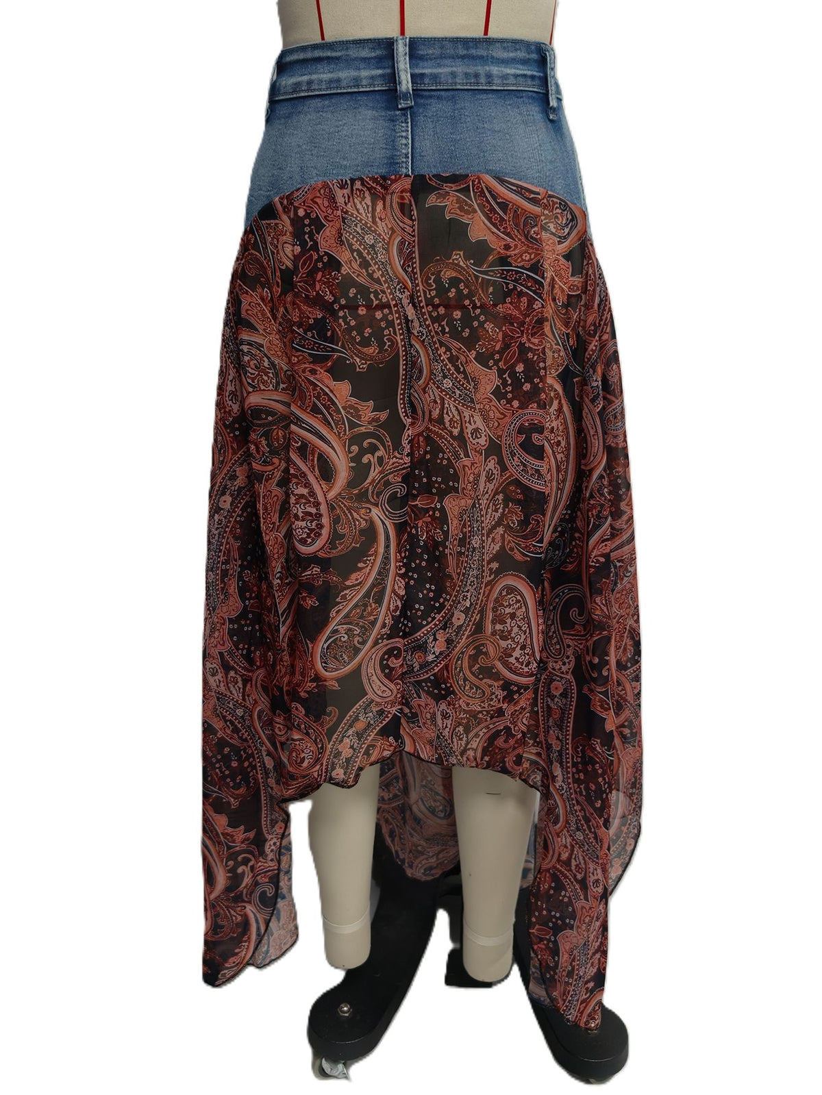 Paisley Handkerchief Hem Denim Maxi Skirt - Blue - 3