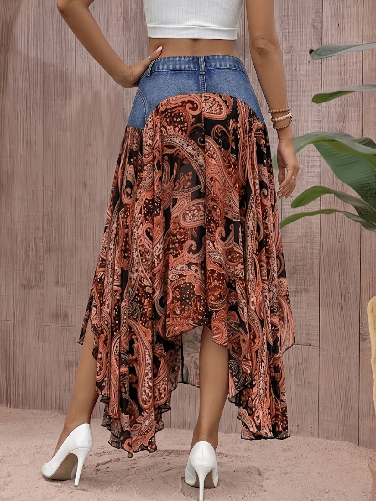 Paisley Handkerchief Hem Denim Maxi Skirt - Blue - 4