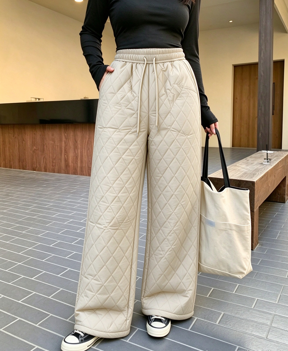 Diamond Quilted Sherpa Lined Drawstring Wide Leg Pants - Beige