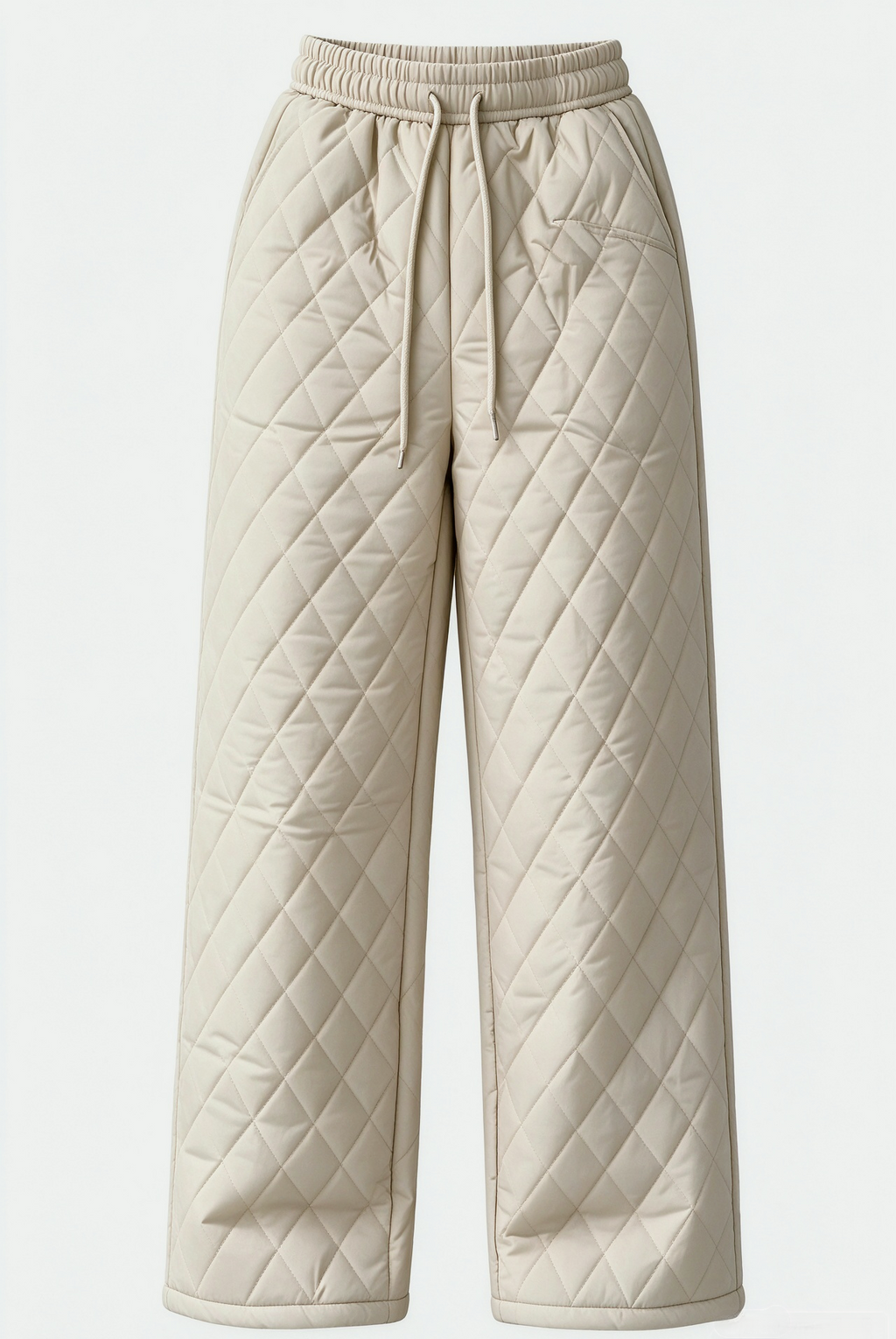 Diamond Quilted Sherpa Lined Drawstring Wide Leg Pants - Beige - 1